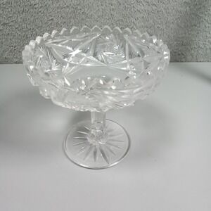 Vintage Cut Lead Crystal Pedestal Bowl Pinwheel Star Sawtooth Edge 6 Inch Clear